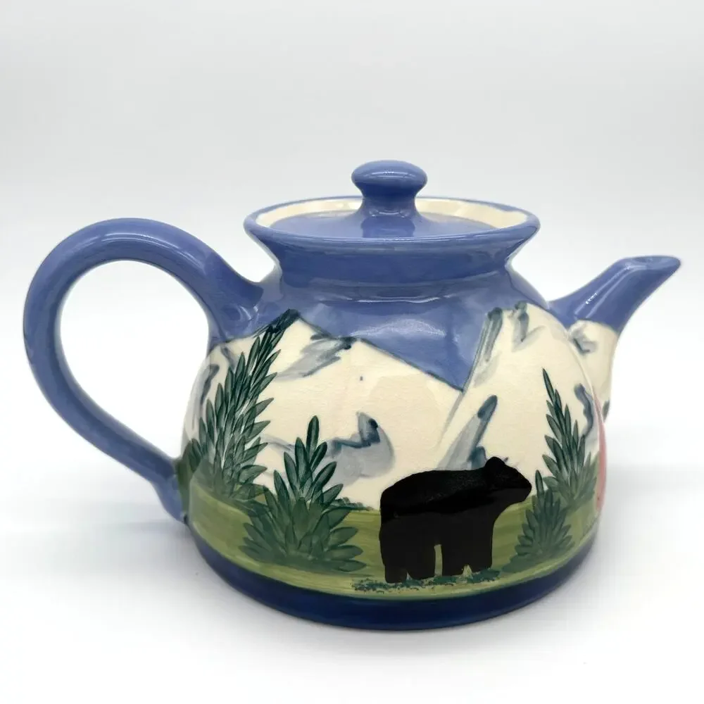 Shard Pottery Teapot Moose Bear Hand Painted Maine Rustic Cabin Folk Art